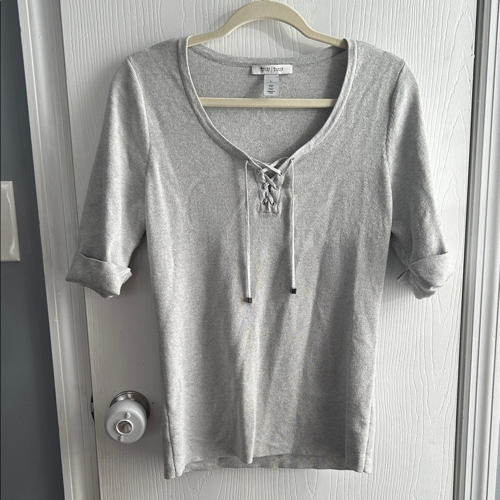 White House Black Market Silver Lace-Up Long Sleeve Top
